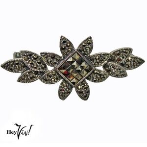 Vintage Marcasite Pin Brooch Deco Style Floral Leaf Motif 2.25" Across - Hey Viv